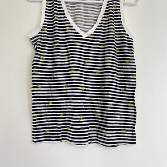ANN TAYLOR LOFT White Black Stripe Pineapple Fruit V-Neck 100% Cotton Tank Top - Picture 3 of 12